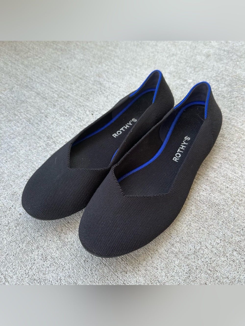 Rothy's Black Knit Ballet Flats with Blue Trim
